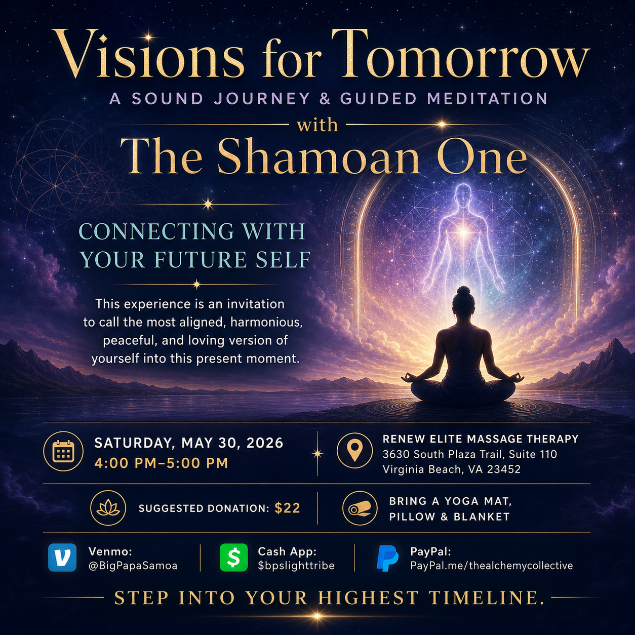 Event Infographic for Visions of Tomorrow: Connecting with your Future Self with The Shamoan One